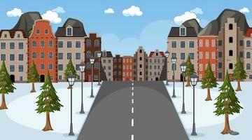 Winter scene with long road through the park to the city vector