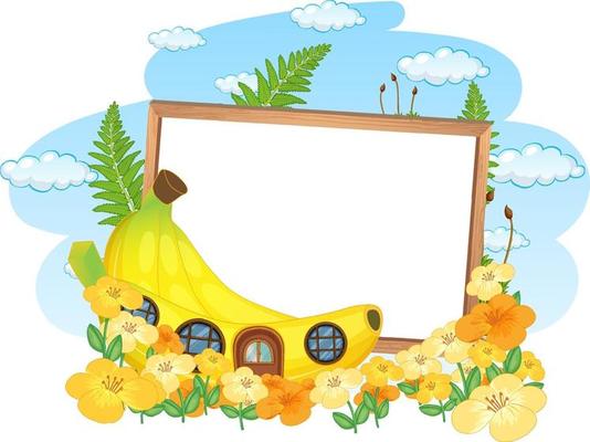 Empty banner with fantasy banana house and many flowers