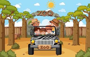 Los niños en el automóvil turístico exploran la escena del zoológico. vector