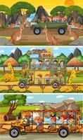 Set of different safari horizontal scenes with animals and kids cartoon character vector