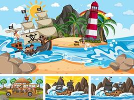 Set of different scenes with pirate ship at the sea and animals in the zoo vector