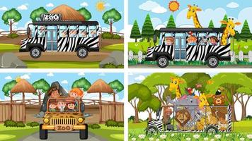 Four different zoo scenes with kids and animals vector