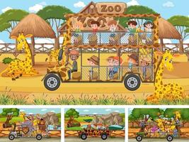 Different safari scenes with animals and kids cartoon character vector