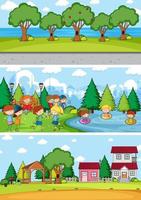 Set of different horizontal scenes background with doodle kids cartoon character vector