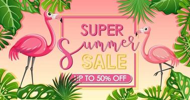 banner de venta de súper verano con flamencos y hojas tropicales vector