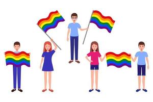 Vector cartoon set of illustrations with people holding rainbow flags of the LGBT community