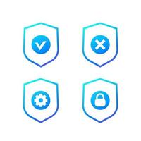 Shield with check mark, cross, gear and lock, vector icons