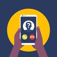 unknown caller, phone call, smartphone in hands vector icon