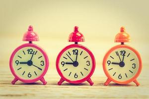 Classic Alarm Clocks on wooden table photo