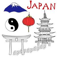 Japan doodles elements. Hand drawn set with Fujiyama mountain, Shinto gate, Japanese lantern and pagoda, Yin and yang symbol. Drawing doodle collection, isolated on white. vector