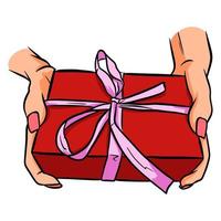 Gift in hand. A gift in a festive package. Cartoon style. vector