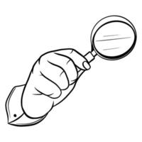 Male hand with a magnifying glass. Magnifier. Detective. Cartoon style. vector