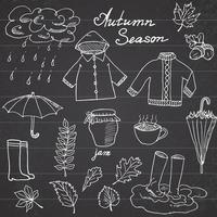 Autumn season set doodles elements. Hand drawn set with umprella cuo of hot tea, rain, rubber boots, clothes and leaves collection. Drawing doodle collection vector