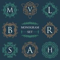Monogram Logos Set Graphic Logo template flourishes elegant ornament lines. Business sign, identity for Restaurant, Royalty, Boutique, Hotel, Heraldic, Jewelry, Fashion, vector illustration