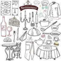 restaurante croquis conjunto de garabatos. elementos dibujados a mano comida y bebida, cuchillo, tenedor, menú, uniforme de chef, botella de vino, delantal de camarero dibujo colección doodle, aislado en blanco vector