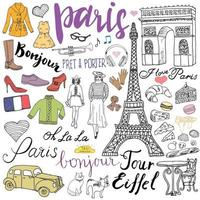 elementos de garabatos de París. conjunto dibujado a mano con café de la torre eiffel, arco de taxi triumf, elementos de moda, gato y bulldog francés. dibujo doodle colección y letras, aislado en blanco vector