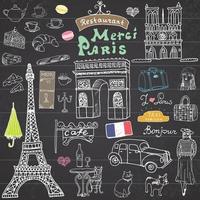 Paris doodles elements. Hand drawn set with eiffel tower bred cafe, taxi triumf arch, Notre Dame cathedral, facion elements, cat and french bulldog. Drawing doodle collection, on chalkboard vector