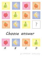 Choose answer. Fruit kid game. Lazy game vector