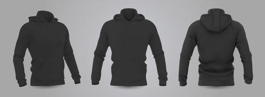 Black men's hooded sweatshirt mockup in front, back and side view, isolated on a gray background. 3D realistic vector illustration, pattern formal or casual sweatshirt.