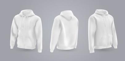 White men's hooded sweatshirt mockup in front, back and side view, isolated on a gray background. 3D realistic vector illustration, pattern formal or casual sweatshirt.