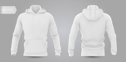 White men's hooded sweatshirt mockup in front, back and side view, isolated on a gray background. 3D realistic vector illustration, pattern formal or casual sweatshirt.