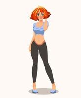 jovencita bonita en ropa deportiva con corte de pelo femenino moderno. ilustración vectorial de una mujer de pie, retrato de cuerpo entero. idea de deporte y fitness vector