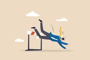frustrated businessman loser fail to jump over hurdle and falling to the ground vector