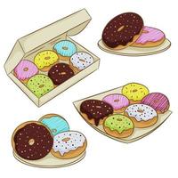 A collection of colorful glazed doughnuts in a box, isolated on a white background. Vector illustration in cartoon flat style.