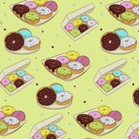 Seamless pattern of colorful donuts in icing, isolated on a white background. Vector illustration in cartoon flat style.