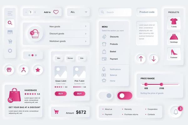 User interface elements for shopping app neumorphic design UI elements template