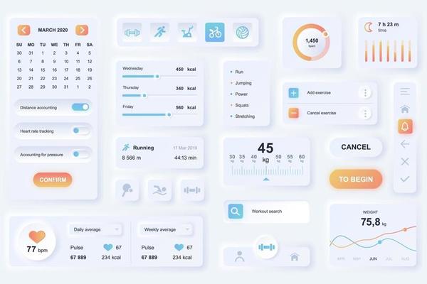 User interface elements for fitness mobile app neumorphic design UI elements template