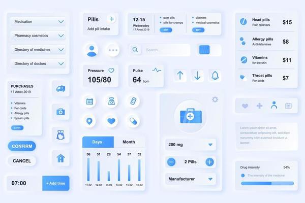 User interface elements for medical mobile app neumorphic design UI elements template