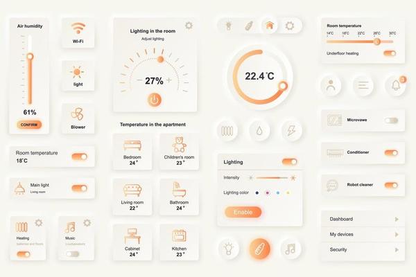 User interface elements for smart home mobile app neumorphic design UI elements template