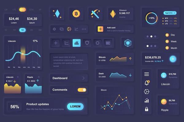 User interface elements for cryptocurrency mining mobile app neumorphic design UI elements template