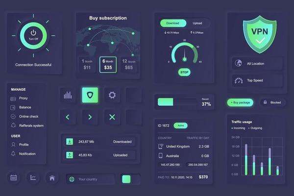 User interface elements for VPN service mobile app neumorphic design UI elements template