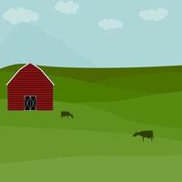 Farm landscape with barn and cows. Rural area meadow