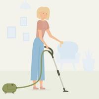 A young blonde girl with a vacuum cleaner and a rag in her hands cleans the house. Interior of the house, a chair with a flower and paintings on the wall vector