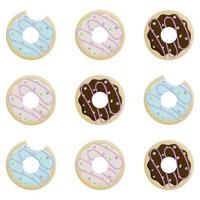 día de la dona. Conjunto de rosquillas mordidas en glaseado y espolvorear sobre fondo blanco. vector