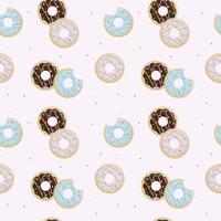 Donut day. Seamless pattern of bitten donuts in icing and sprinkling on pink background vector