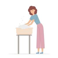 The girl washes in the basin. Vector flat character on a white background
