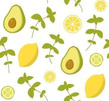 Vector seamless pattern with avocado, cucumber, lemon and basil. Perfect for wallpaper, background, wrapping paper or textile. Green vegetables, fruit and herbs on white background.