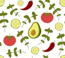 patrón transparente de vector con aguacate, pepino, tomate, ají y albahaca. perfecto para papel tapiz, fondo, papel de regalo o textil. verduras y hierbas verdes y rojas sobre fondo blanco.