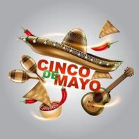 Cinco de Mayo mexican holiday. Sombrero hat, Maracas and Tacos and festive food. vector illustration.