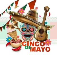 fiesta mexicana del cinco de mayo. sombrero sombrero, maracas y tacos y comida festiva con los colores de la bandera de méxico. ilustración vectorial. vector