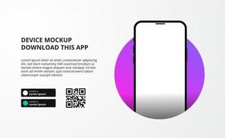 landing page banner advertising for downloading app for mobile phone, 3D smartphone device mockup. Download buttons with scan qr code template. vector