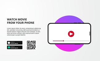 streaming online cinema, movie, or film series from app phone screen video display with download landing page vector