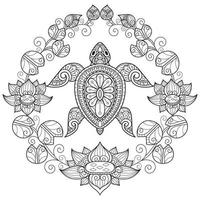 tortuga y loto sobre fondo blanco. boceto dibujado a mano para libro de colorear para adultos vector