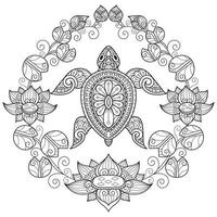 Turtle and lotus on white background. Hand drawn sketch for adult colouring book vector