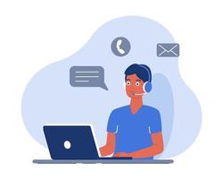 Online consultant, operator. The man works on a laptop, communicates with customers through a headset and responds to messages. Working from home, training. Vector image in flat style