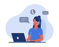 Online consultant, operator. The woman works on a laptop, communicates with customers through a headset and responds to messages. Working from home, training. Vector image in a flat style